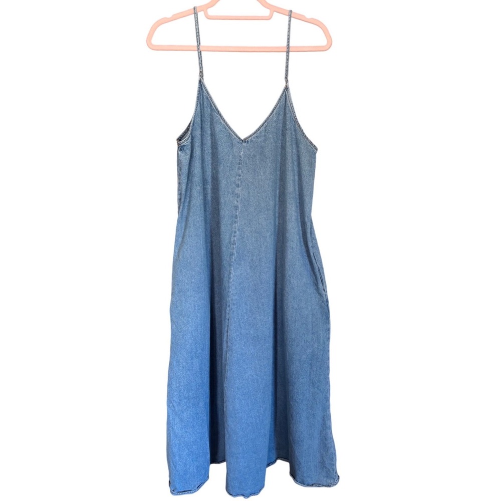 Freemarket Denim Slip Dress M Blue Chambray Midi Spaghetti Strap Minimalist NWOT